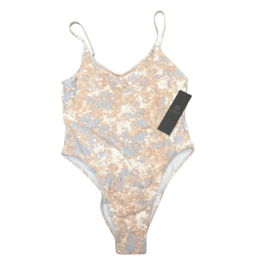 NWT Mono B Scoop Back One Piece Swimsuit Beige Blue Marble Print‎ Size Large